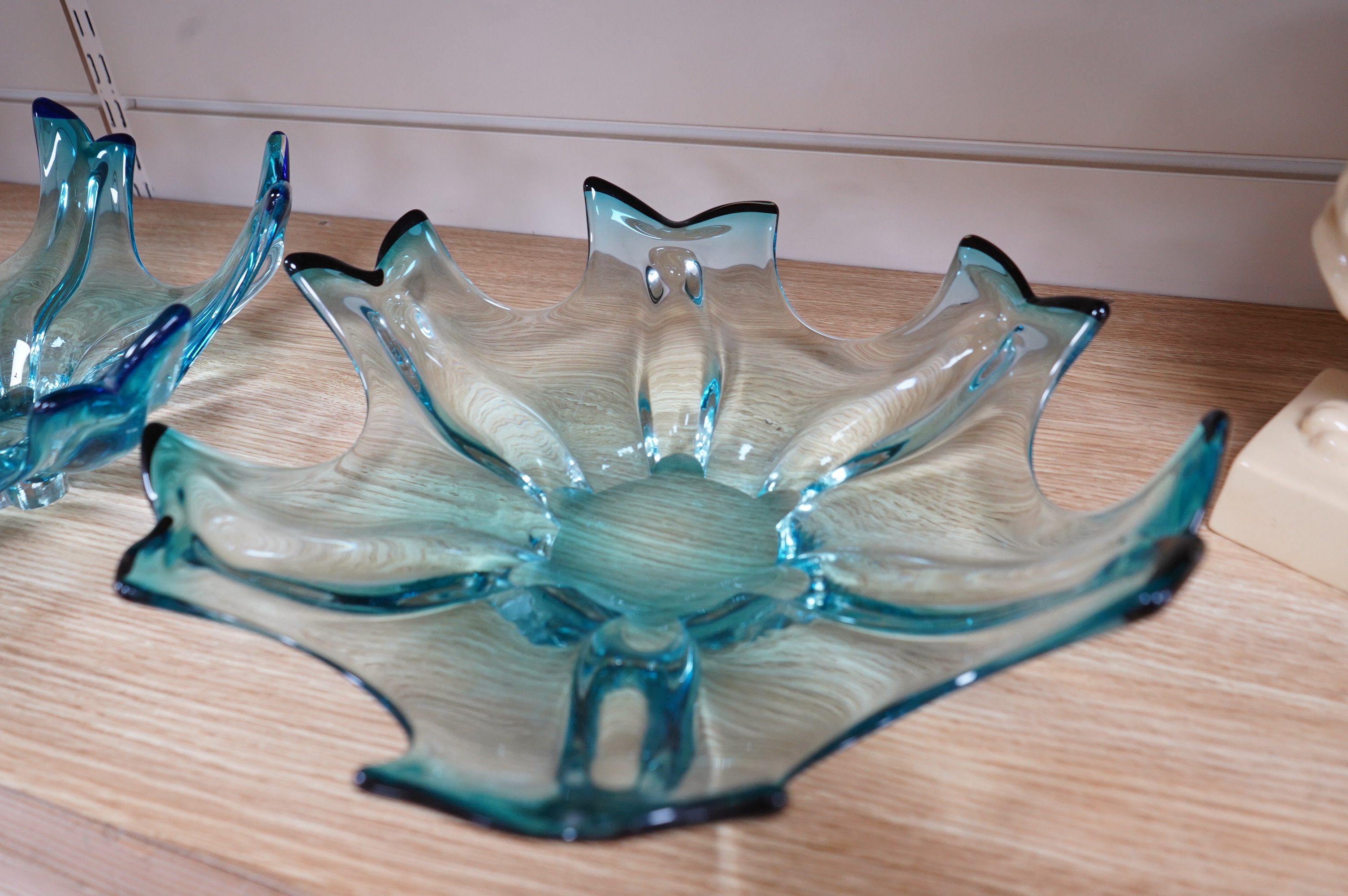 Two 1950's/60's Murano glass ‘rain drop’ blue glass dishes, 37cm in diameter